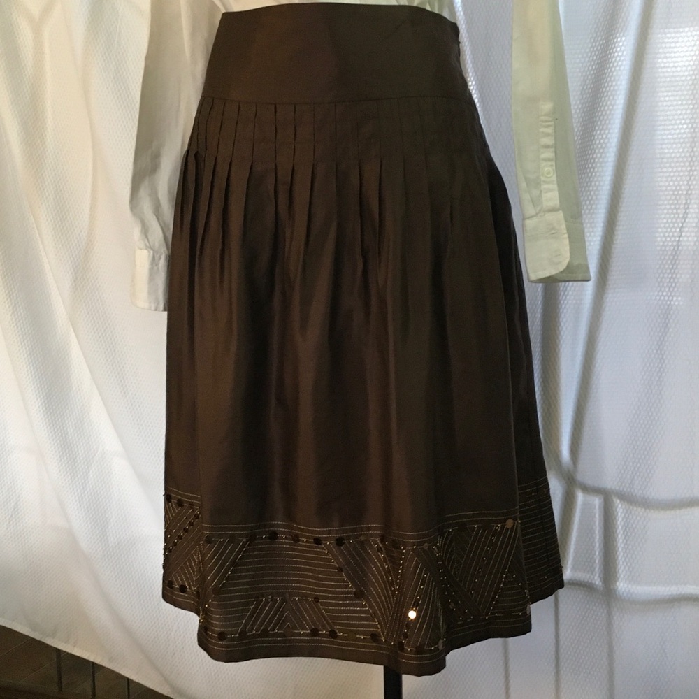 Chocolate Brown Pleated Skirt with Beaded Hem